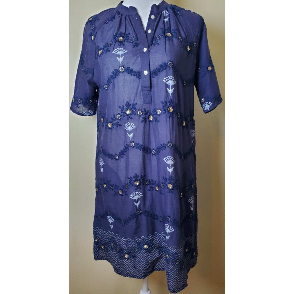 Tuckernuck Oliphant Semi Sheer Short Sleeve Shirt Mini Dress XS Navy Blue Floral